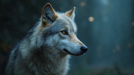  A close up of a wolf's face in the woods