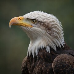 Obraz premium A side profile of a bald eagle, showcasing its sharp beak and white head, with no background distractions.