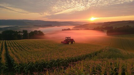 Fototapeta premium Sunrise over misty cornfield with tractor.