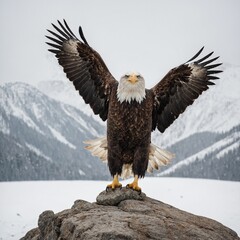 Obraz premium A majestic bald eagle with wings spread wide, perched on a rock, against a pure white background.