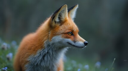 Obraz premium A red fox sitting in a field of blue flowers