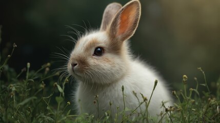 Fototapeta premium A small white rabbit sitting in the grass