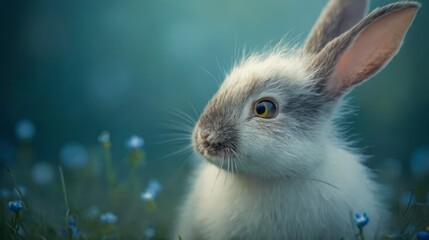 Obraz premium A white rabbit sitting in a field of blue flowers