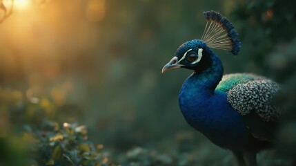 A peacock standing in the middle of a forest at sunset