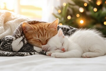 Obraz premium Cozy Cats Sleeping Together Under a Blanket with Christmas Tree and Warm Lights in Background