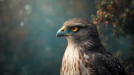 A close up of a bird of prey with yellow eyes