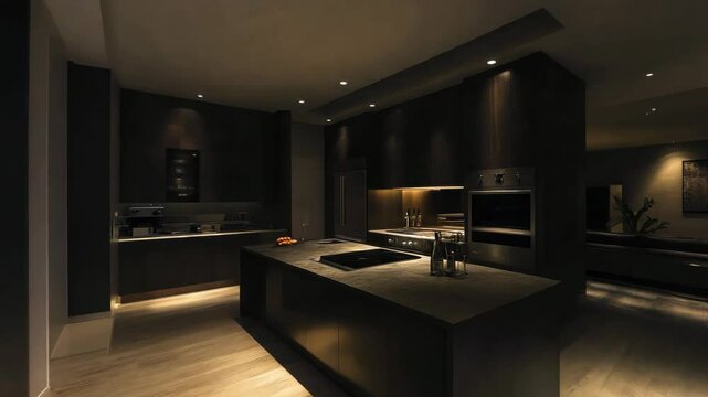 Minimalist kitchen with dark tones, organized and clean, modern design, sleek cabinetry, elegant decor, contemporary living, simplicity, warm lighting.