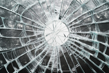 Cracked glass surface with intricate patterns and texture from impact. Generative AI