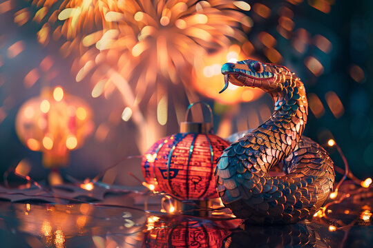 Wooden Snake Figure with Fireworks Symbolizing 2025 Lunar New Year Celebration with Traditional Handcrafted Chinese Carved Snake Art