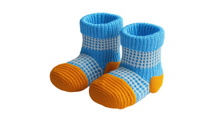 Cozy knitted baby booties in blue and orange ready for tiny feet, perfect for keeping warm during chilly days at home.
