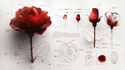 Detailed anatomy diagram of a red rose with scientific illustration and sketch, showcasing flower parts