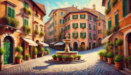 Fototapeta premium Picturesque italian square with fountain and traditional buildings