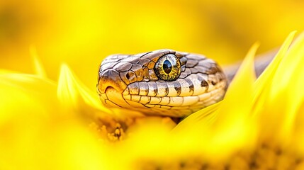 Obraz premium Snake camouflaged among sunflower petals nature photography close-up vibrant environment wildlife concept