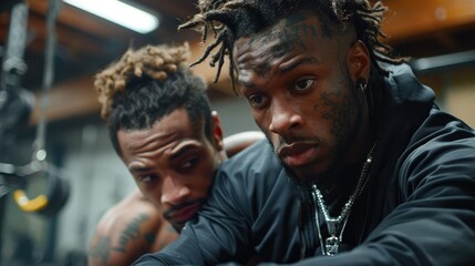 Obraz premium Two men in a gym setting, focused and engaged in conversation.