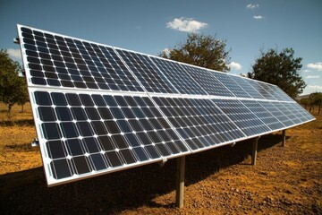 hyper realistic photo of  Close up wide angle view of photovoltaic solar panels on an off the grid electricity instalation on a farm in the Karoo outside Touwsrivier in the western