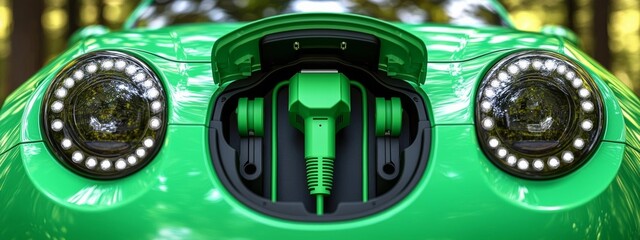 Fototapeta premium hyper realistic photo of Green power plug connection cable between car and service station shape - open , isolated on white background, , copy space, copy space for text,