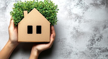 hyper realistic photo of  Mano con casa nuova ecologica, risparmio energetico , isolated on white background,  , copy space, copy space for text,