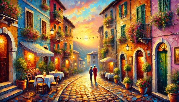 Fototapeta Romantic couple walking down cobblestone street at sunset in picturesque italian village
