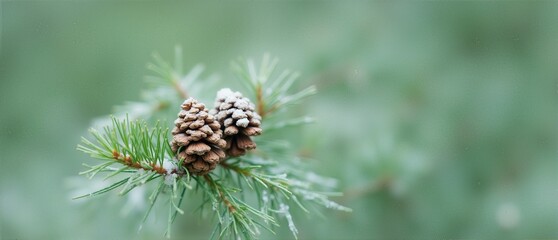 A detailed macro photograph capturing snow-frosted pinecones on an evergreen branch, emphasizing natural beauty and the essence of the winter season.