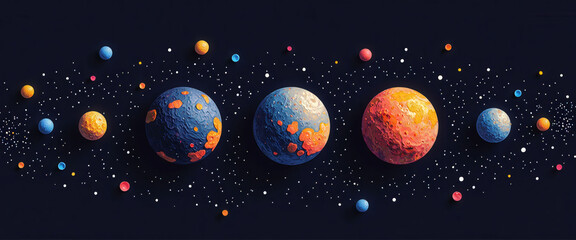 A colorful painting of four planets and a star. The planets are of different sizes and colors, and the star is in the middle. The painting has a whimsical and playful mood