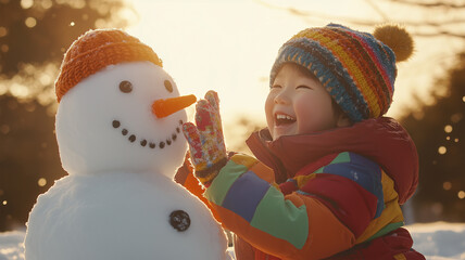 夕日を背景に雪だるまと遊ぶ日本人の子ども