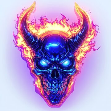 Fiery blue devil skull with glowing eyes and horns engulfed in flames.