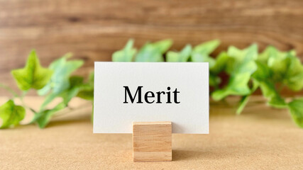 Meritの文字入りカードとツタ_茶色板背景