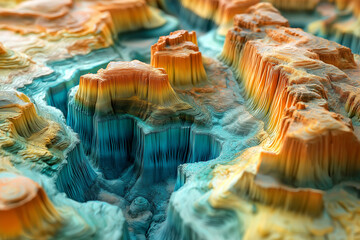 3D colorful topographic map of mountainous terrain, with high and low areas, and steep cliffs. The colors should be bright and vivid to reflect the vibrant nature of an adventurous