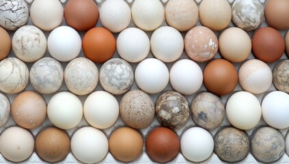 Eggs of various colors arranged in rows on egg cartons captured from above with natural lighting