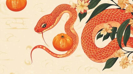 Fototapeta premium Happy Chinese New Year 2025,Year of the snake zodiac sign,Snake illustration and design,Asian elements gold paper cut style,Lunar new year concept,New Year card 2025.