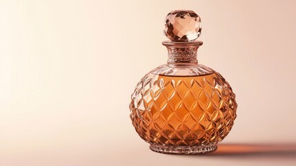 Elegant glass decanter with amber liquid, diamond-faceted design, on beige background.