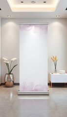 beauty clinic elegance roll up poster mockup in spa or clinic setting wide banner design with blank space 3d rendering, studio photography, with white tones