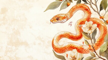 Obraz premium Happy Chinese New Year 2025,Year of the snake zodiac sign,Snake illustration and design,Asian elements gold paper cut style,Lunar new year concept,New Year card 2025.