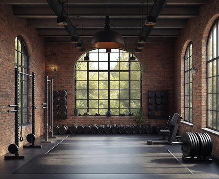 A gym with brick walls, black and gray flooring, metal barbells on the walls, dumbbell weights on stands, iron lamps hanging from the ceiling, natural light coming through the wind