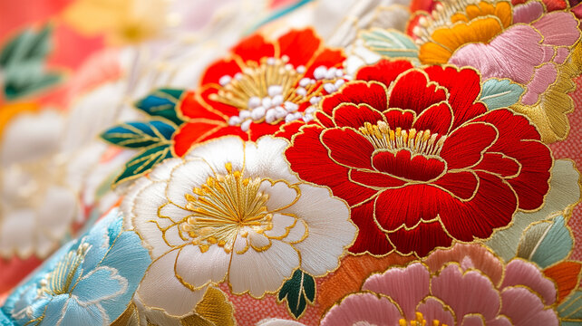 振袖の刺繍が映し出す日本の伝統美、花柄のディテール