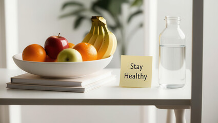 Healthy eating tips fresh fruits and water on a table indoor home environment still life