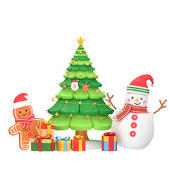 Christmas tree and gifts with gingerbread man and snowman