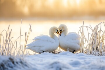 Swans in Winter Romance: Two majestic white swans snuggle close together in a snowy landscape, bathed in the golden glow of sunrise, their love a beacon of warmth in the winter chill. 