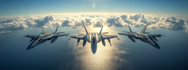 A breathtaking aerial view of three fighter jets flying in formation against a backdrop of clouds and a radiant sun.