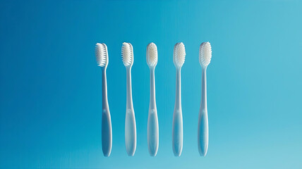 Minimalistic arrangement of five sleek white toothbrushes on a calm blue background