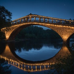 A historic bridge glowing with lights during the blue hour.