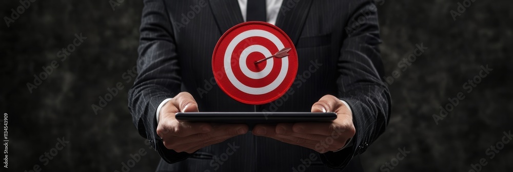 Poster a business professional in a sharp suit confidently presents a target symbol on a tablet, symbolizin