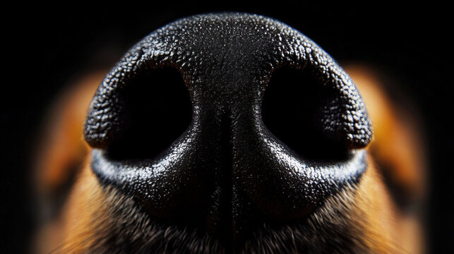 A detailed close-up of a dog's nose highlights its unique texture and features against a dark background, showcasing the intricacies of canine anatomy and sensory capabilities.
