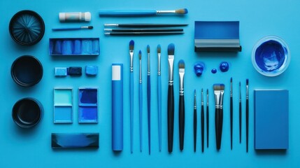 Fototapeta premium Flat lay of various blue art supplies, including paints, brushes, palettes, and containers, arranged on a vibrant blue background.