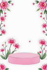 Botanical podium presentations with pink flowers. Pink empty rounded showcase for product display presentation of fragrance, beauty, and cosmetics products, color sketch, with white tones