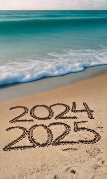 numbers 2024 and 2025 written on wet sand of sunny beach, with sea wave gently washing away the year 2024, symbolizing the transition from one year to another under clear skies