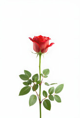 A red rose is the main focus of the image, standing tall and proud on a white background. The rose is the center of attention, drawing the viewer's eye and evoking feelings of love, beauty, low-poly