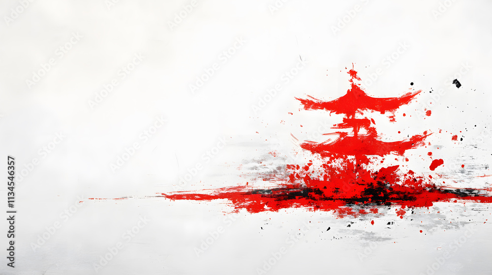 Poster a minimalist artwork featuring a red pagoda silhouette with splashes of color against a white backgr