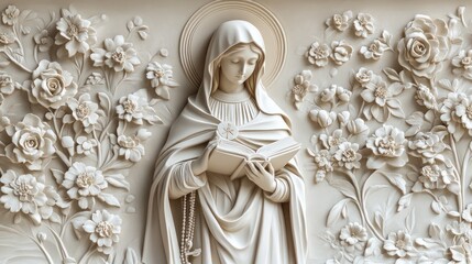 Naklejka premium Intricate bas-relief sculpture of Mary, holding a book amidst floral carvings.