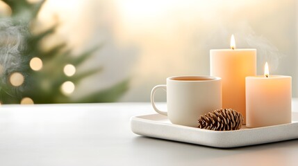 Fototapeta premium A cozy tea nook with cushions, candles, and steaming tea, serene National Hot Tea Month atmosphere